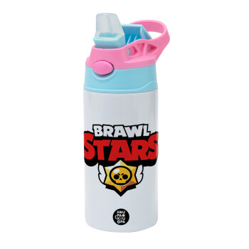 Brawl Stars, Children's hot water bottle, stainless steel, with safety straw, Pink/BlueCiel (360ml) BPA FREE