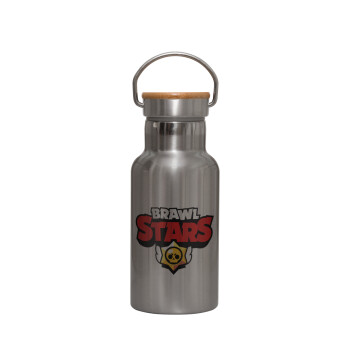 Brawl Stars, Μεταλλικό παγούρι θερμός (Stainless steel) Ασημένιο με ξύλινο καπακι (bamboo), διπλού τοιχώματος, 350ml