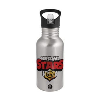 Brawl Stars, Water bottle Silver with straw, stainless steel 500ml