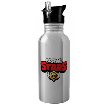 Brawl Stars, Water bottle Silver with straw, stainless steel 600ml