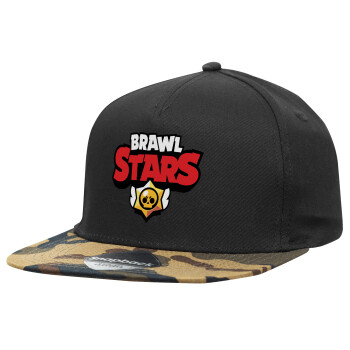 Brawl Stars, Adult Flat Snapback Hat Black/Camouflage, (100% COTTON TWILL, ADULT, UNISEX, ONE SIZE)