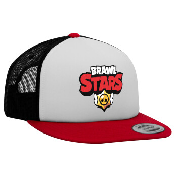 Brawl Stars, Adult Foam Flat Snapback with Mesh Red-White-Black (POLYESTER, ADULT, UNISEX, ONE SIZE)