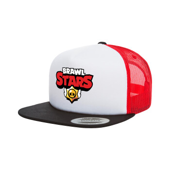 Brawl Stars, Adult Foam Flat Snapback with Mesh Black-White-Red (POLYESTER, ADULT, UNISEX, ONE SIZE)