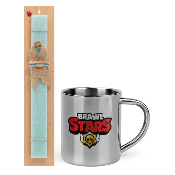 Brawl Stars, Easter Set, metallic thermal cup (300ml) & aromatic flat Easter candle (30cm) (TURQUOISE)