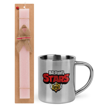 Brawl Stars, Easter Set, metallic thermal cup (300ml) & aromatic flat Easter candle (30cm) (PINK)