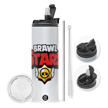 Brawl Stars, Travel Tumbler 2 Lids, with metal straw & cleaning brush (Stainless steel 304 Food grade, BPA free, 600ml)