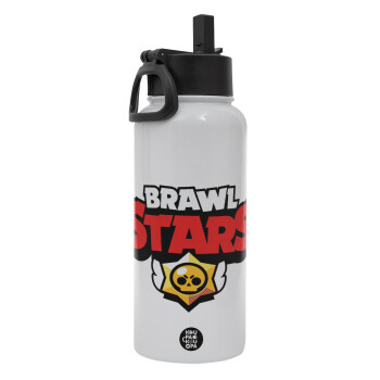 Brawl Stars, Μεταλλικό παγούρι θερμός Λευκό με καλαμάκι και χερούλι (Stainless steel), διπλού τοιχώματος, 950ml