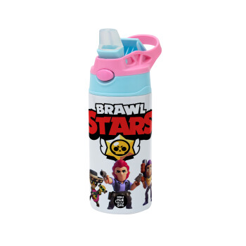 Brawl Stars Desert, Children's hot water bottle, stainless steel, with safety straw, Pink/BlueCiel (360ml) BPA FREE