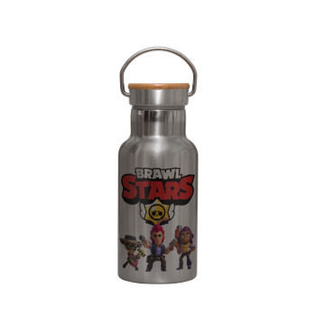 Brawl Stars Desert, Μεταλλικό παγούρι θερμός (Stainless steel) Ασημένιο με ξύλινο καπακι (bamboo), διπλού τοιχώματος, 350ml