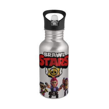 Brawl Stars Desert, Water bottle Silver with straw, stainless steel 500ml