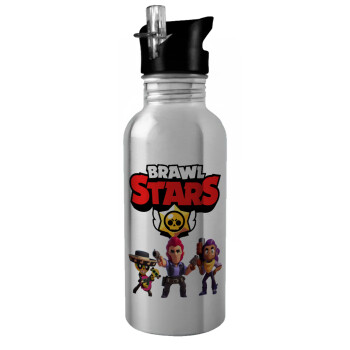 Brawl Stars Desert, Water bottle Silver with straw, stainless steel 600ml