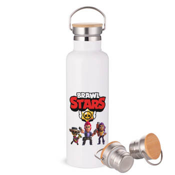 Brawl Stars Desert, Μεταλλικό παγούρι θερμός (Stainless steel) Λευκό με ξύλινο καπακι (bamboo), διπλού τοιχώματος, 750ml