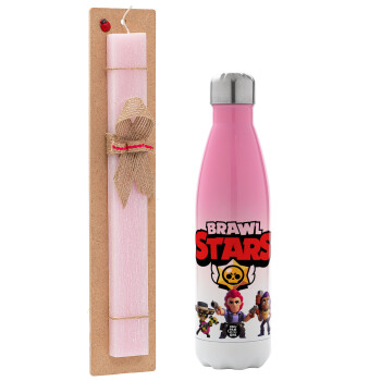 Brawl Stars Desert, Easter Set, Metallic pink/white (Stainless steel) thermos, double-walled, 500ml & aromatic flat Easter candle (30cm) (PINK)