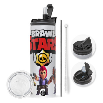 Brawl Stars Desert, Travel Tumbler 2 Lids, with metal straw & cleaning brush (Stainless steel 304 Food grade, BPA free, 600ml)