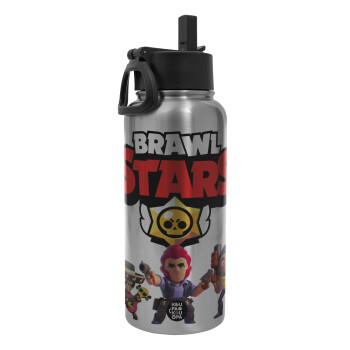 Brawl Stars Desert, Metal mug thermo Silver with Straw and Spout Lid (Stainless steel), double wall, 950ml