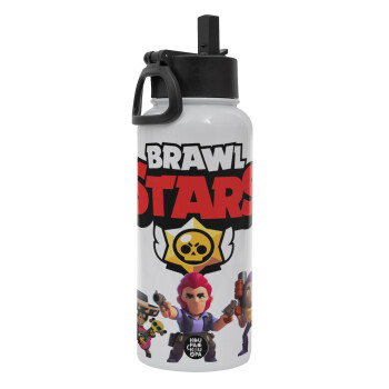 Brawl Stars Desert, Μεταλλικό παγούρι θερμός Λευκό με καλαμάκι και χερούλι (Stainless steel), διπλού τοιχώματος, 950ml