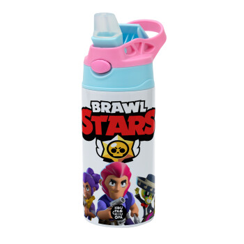 Brawl Stars Blue, Children's hot water bottle, stainless steel, with safety straw, Pink/BlueCiel (360ml) BPA FREE