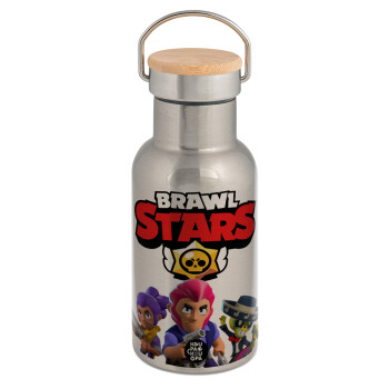 Brawl Stars Blue, Μεταλλικό παγούρι θερμός (Stainless steel) Ασημένιο με ξύλινο καπακι (bamboo), διπλού τοιχώματος, 350ml