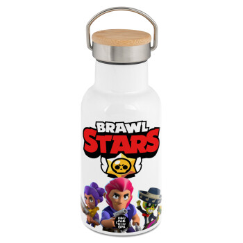 Brawl Stars Blue, Μεταλλικό παγούρι θερμός (Stainless steel) Λευκό με ξύλινο καπακι (bamboo), διπλού τοιχώματος, 350ml