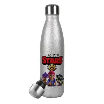 Brawl Stars Blue, Μεταλλικό παγούρι θερμός Glitter Aσημένιο (Stainless steel), διπλού τοιχώματος, 500ml