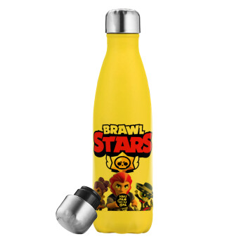 Brawl Stars Blue, Μεταλλικό παγούρι θερμός Κίτρινος (Stainless steel), διπλού τοιχώματος, 500ml