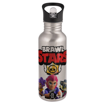 Brawl Stars Blue, Water bottle Silver with straw, stainless steel 600ml