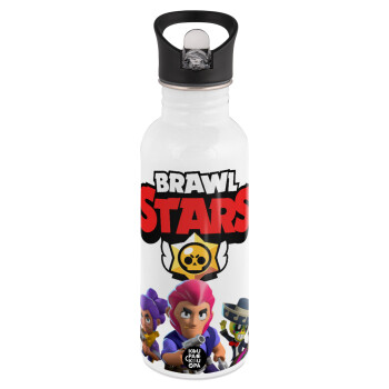 Brawl Stars Blue, White water bottle with straw, stainless steel 600ml