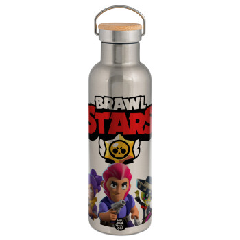 Brawl Stars Blue, Μεταλλικό παγούρι θερμός (Stainless steel) Ασημένιο με ξύλινο καπακι (bamboo), διπλού τοιχώματος, 750ml