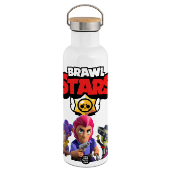 Brawl Stars Blue, Μεταλλικό παγούρι θερμός (Stainless steel) Λευκό με ξύλινο καπακι (bamboo), διπλού τοιχώματος, 750ml