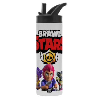 Brawl Stars Blue, Metallic thermos bottle with straw & handle, stainless steel (Stainless steel 304), double-walled, 600ml.