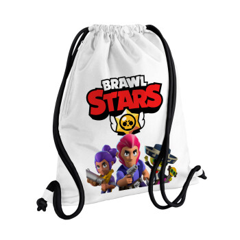 Brawl Stars Blue, Τσάντα πλάτης πουγκί GYMBAG λευκή, με τσέπη (40x48cm) & χονδρά κορδόνια