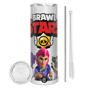 Brawl Stars Blue, Tumbler ποτήρι θερμό από ανοξείδωτο ατσάλι 600ml, με μεταλλικό καλαμάκι & βούρτσα καθαρισμού