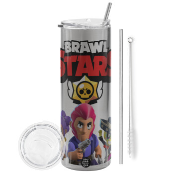 Brawl Stars Blue, Tumbler ποτήρι θερμό Ασημένιο από ανοξείδωτο ατσάλι 600ml, με μεταλλικό καλαμάκι & βούρτσα καθαρισμού