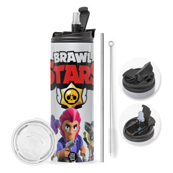 Brawl Stars Blue, Travel Tumbler θερμό με διπλό καπάκι, μεταλλικό καλαμάκι και βούρτσα καθαρισμού (Ανωξείδωτο 304 Food grade, BPA free, 600ml)