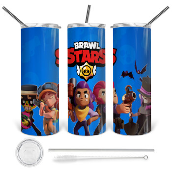 Brawl Stars Blue, Tumbler ποτήρι θερμό από ανοξείδωτο ατσάλι 600ml, με μεταλλικό καλαμάκι & βούρτσα καθαρισμού