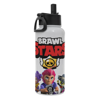 Brawl Stars Blue, Μεταλλικό παγούρι θερμός Λευκό με καλαμάκι και χερούλι (Stainless steel), διπλού τοιχώματος, 950ml