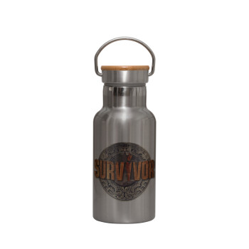 Survivor, Stainless steel metallic thermos flask, silver with a bamboo lid, double-walled, 350ml.