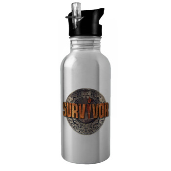 Survivor, Water bottle Silver with straw, stainless steel 600ml