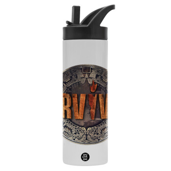 Survivor, Metallic thermos bottle with straw & handle, stainless steel (Stainless steel 304), double-walled, 600ml.