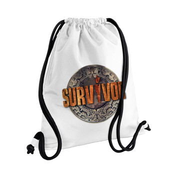 Survivor, Τσάντα πλάτης πουγκί GYMBAG λευκή, με τσέπη (40x48cm) & χονδρά κορδόνια