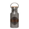 Stainless steel metallic thermos flask, silver with a bamboo lid, double-walled, 350ml.