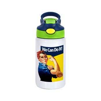Rosie we can do it!, Children's hot water bottle, stainless steel, with safety straw, green, blue (350ml)