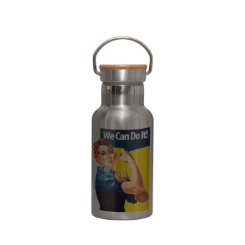 Rosie we can do it!, Stainless steel metallic thermos flask, silver with a bamboo lid, double-walled, 350ml.