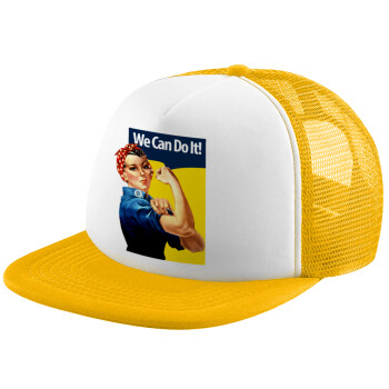 Rosie we can do it!, Adult Soft Trucker Hat with Yellow/White Mesh (POLYESTER, ADULT, UNISEX, ONE SIZE)