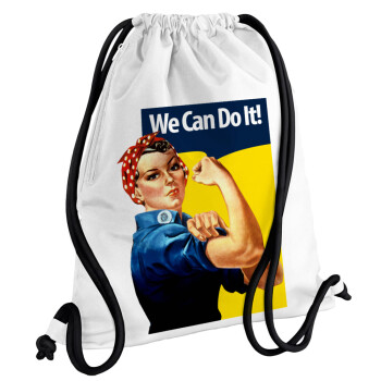 Rosie we can do it!, Τσάντα πλάτης πουγκί GYMBAG λευκή, με τσέπη (40x48cm) & χονδρά κορδόνια