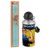 Easter Set, metallic silver aluminum water bottle (500ml) & scented flat Easter candle (30cm) (TURQUOISE)