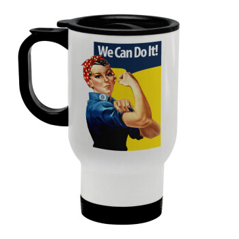 Rosie we can do it!, Stainless steel travel mug with lid, double wall white 450ml