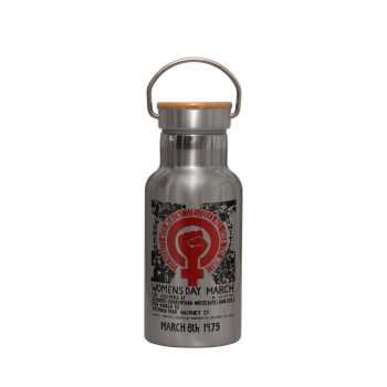 Women's day 1975 poster, Stainless steel metallic thermos flask, silver with a bamboo lid, double-walled, 350ml.