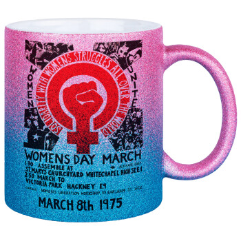 Women's day 1975 poster, Κούπα Χρυσή/Μπλε Glitter, κεραμική, 330ml