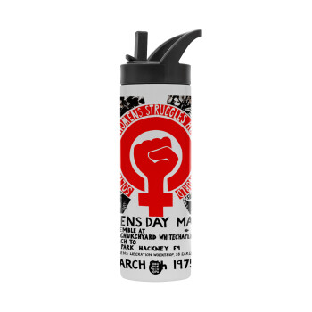 Women's day 1975 poster, Metallic thermos bottle with straw & handle, stainless steel (Stainless steel 304), double-walled, 600ml.